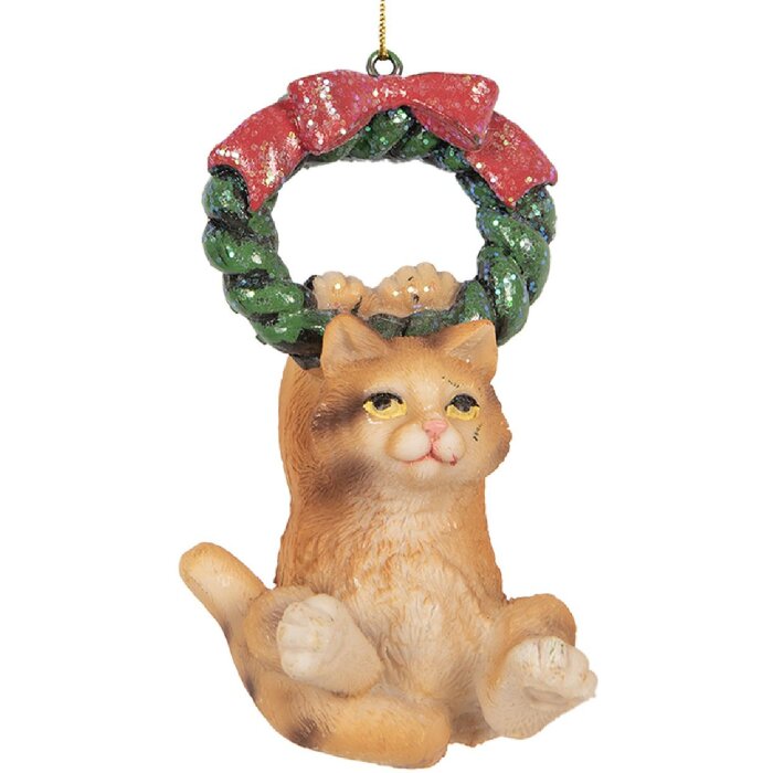 Clayre & Eef Dekorační závěs Kočka 6x5x9 cm hnědá/zelená