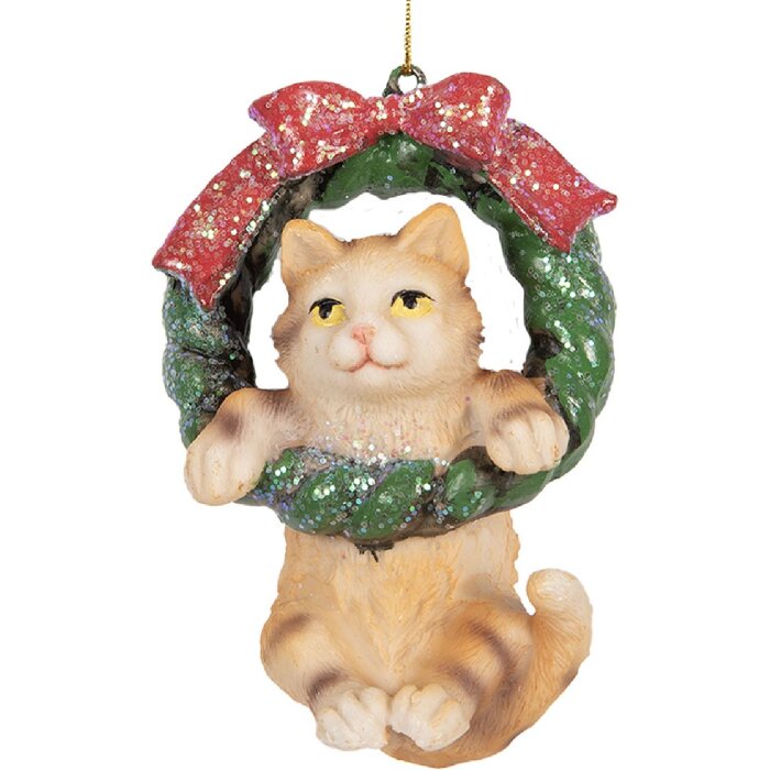 Clayre & Eef Dekorační závěs Kočka 6x5x9 cm hnědá/zelená