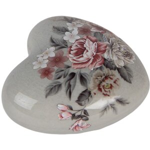 Clayre & Eef Dekorativní srdce 8x8x4 cm šedá/růžová