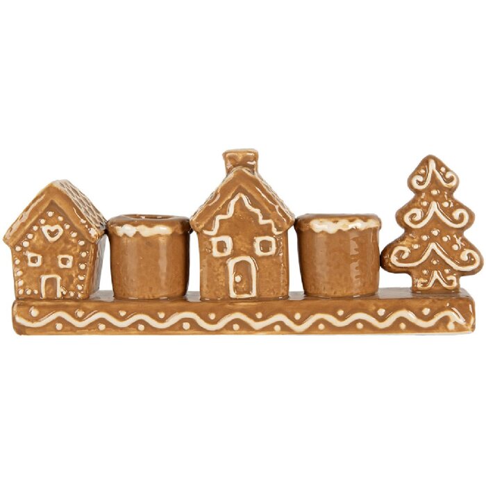 Clayre & Eef 6CE2327 Svícen Domky Keramika 21x4x8 cm Hnědobílý