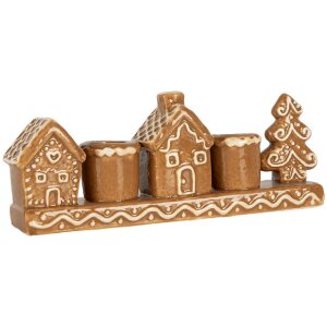 Clayre & Eef 6CE2327 Svícen Domky Keramika 21x4x8 cm Hnědobílý