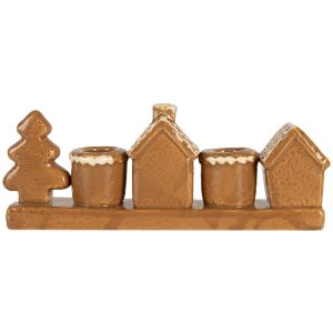 Clayre & Eef 6CE2327 Svícen Domky Keramika 21x4x8 cm Hnědobílý