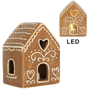 Clayre & Eef Dekorativní domeček s LED 8x6x10 cm hnědo-bílý