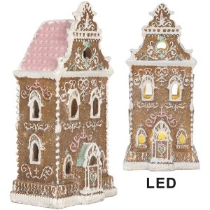 Clayre & Eef Dekorační domeček s LED 9x7x18 cm hnědo-růžový