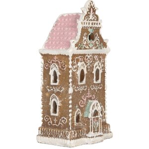Clayre & Eef Dekorační domeček s LED 9x7x18 cm hnědo-růžový