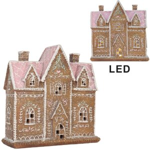 Clayre & Eef Dekorační domeček s LED 21x8x20 cm hnědo-růžový