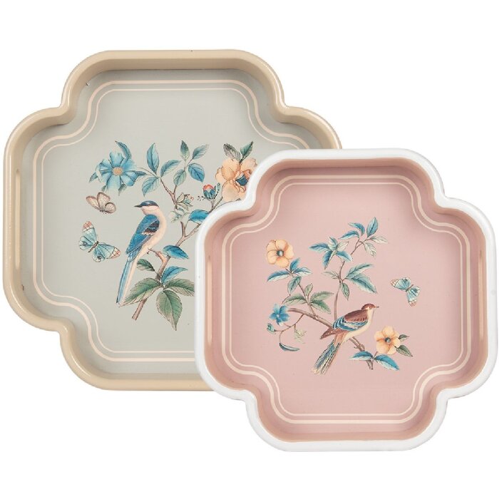 Clayre & Eef Dekorativní podnosy (sada 2) béžovo-růžové 30x30/24x24 cm