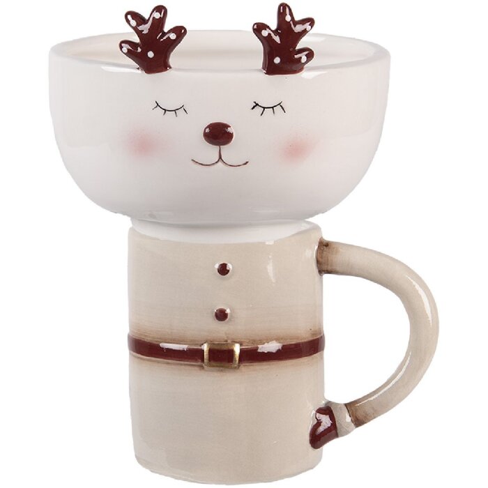 Clayre & Eef Hrnek s podšálkou béžovo-bílý 12x12x18 cm