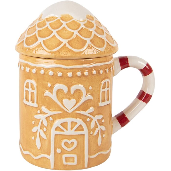 Clayre & Eef Hrnek s víkem 350 ml - hnědo-bílý