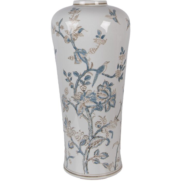 Clayre & Eef Keramická váza Ø 17x39 cm s dekorací ptáků a květů
