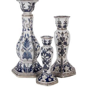 Clayre & Eef Svícen z porcelanu bílo-modrý Ø 18 x 36 cm