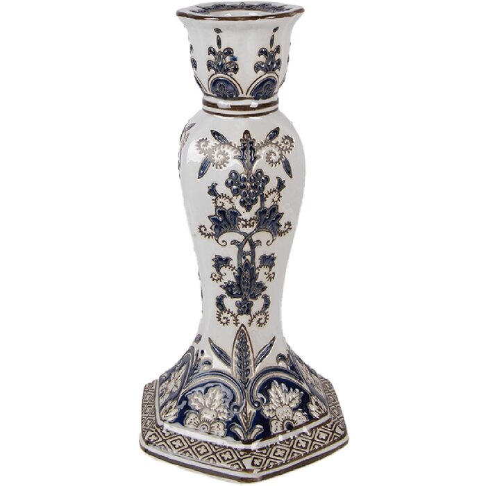 Clayre & Eef svícen z porcelánu bílo-modrý Ø 15x28 cm