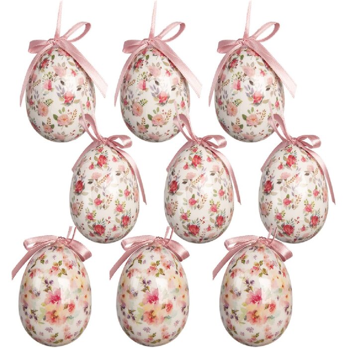 Clayre & Eef Sada 9 dekorativních zavěšených vajíček bílé a růžové Ø 5x8 cm