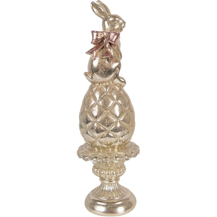 Clayre & Eef Dekorace králík na vajíčku zlatá s růžovou šňůrkou