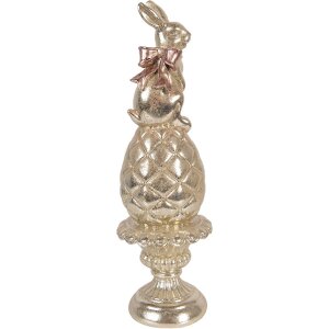 Clayre & Eef Dekorace králík na vajíčku zlatá s růžovou šňůrkou