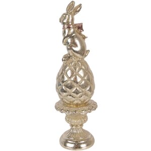 Clayre & Eef Dekorace králík na vajíčku zlatá s růžovou šňůrkou