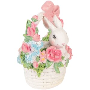 Clayre & Eef Dekorační králík v košíčku bílo-růžový 15x9x16 cm