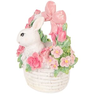 Clayre & Eef Dekorační králík v košíčku bílo-růžový 15x9x16 cm