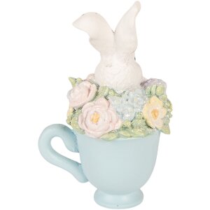 Clayre & Eef dekorace králíček v pohárku bílo-modrý 11x9x16 cm