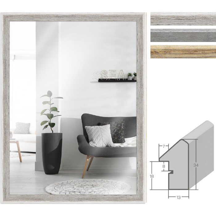 MendeFrames Závěsné zrcadlo v dřevěném rámu – vintage styl, bílá, šedá, přírodní, 10x10–70x100