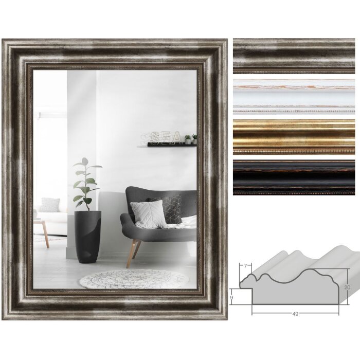 MendeFrames H550 Antik Wandspiegel Massivholz in Silber Gold Schwarz Weiß