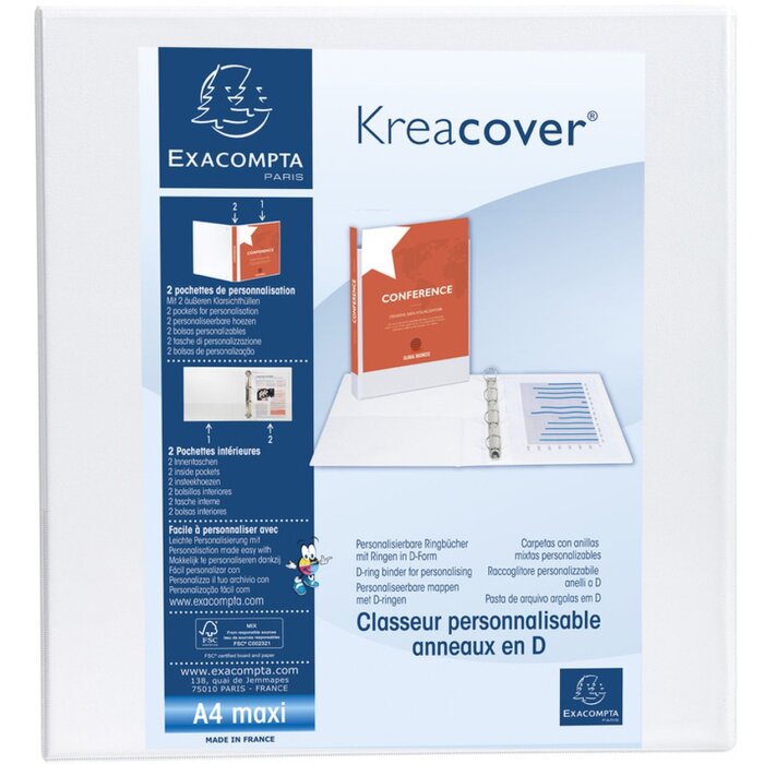 Kroužkový pořadač z pevného PP 2,8 mm se 4 kroužky 60 mm ve tvaru D, 90 mm hřbet, 2 vnější a 2 vnitřní pouzdra, Krea Cover, DIN A4 extra široký bílý.