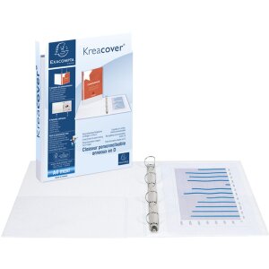 Kroužkový pořadač z pevného PP 2,8 mm se 4 kroužky 60 mm ve tvaru D, 90 mm hřbet, 2 vnější a 2 vnitřní pouzdra, Krea Cover, DIN A4 extra široký bílý.