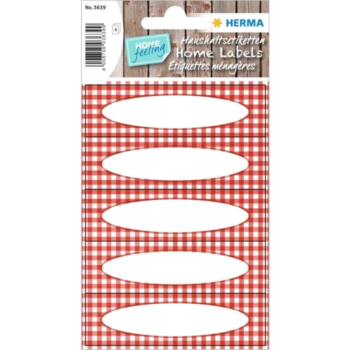 HERMA Haushaltsetiketten Home Labels 3639 Rot-Weiß Karo 9x16,3 cm 4 Bogen